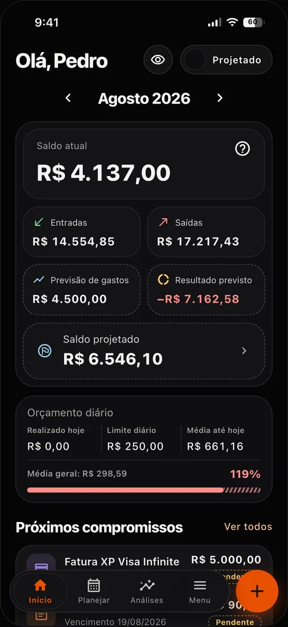 Tela Início do Planoor: saldo atual, entradas, saídas, saldo projetado, orçamento diário e próximos compromissos.